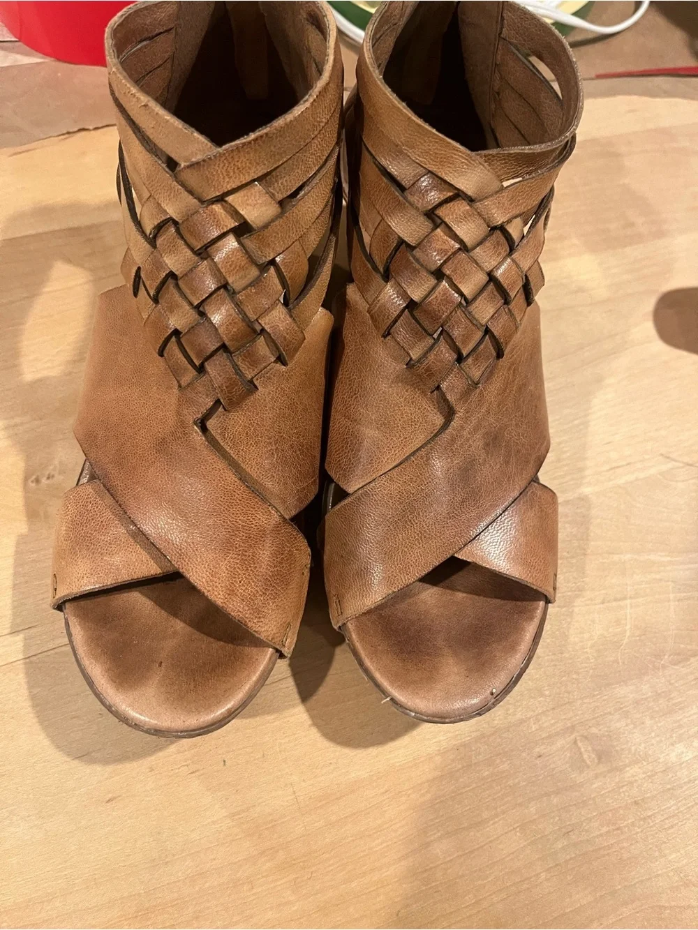 Antelope Cognac Braided Leather Wedge Sandals